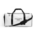 white minimalist weekender duffle bag with black logo print
