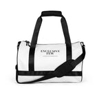 white minimalist gym bag with black logo print