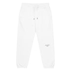 white baggy sweatpants with tapered cuffs and minimal embroidery
