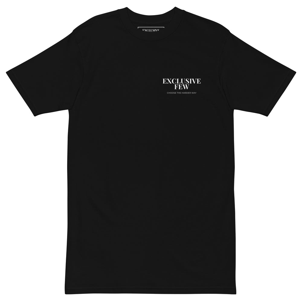 black minimalist tee with embroidered The Exclusive Few chest logo