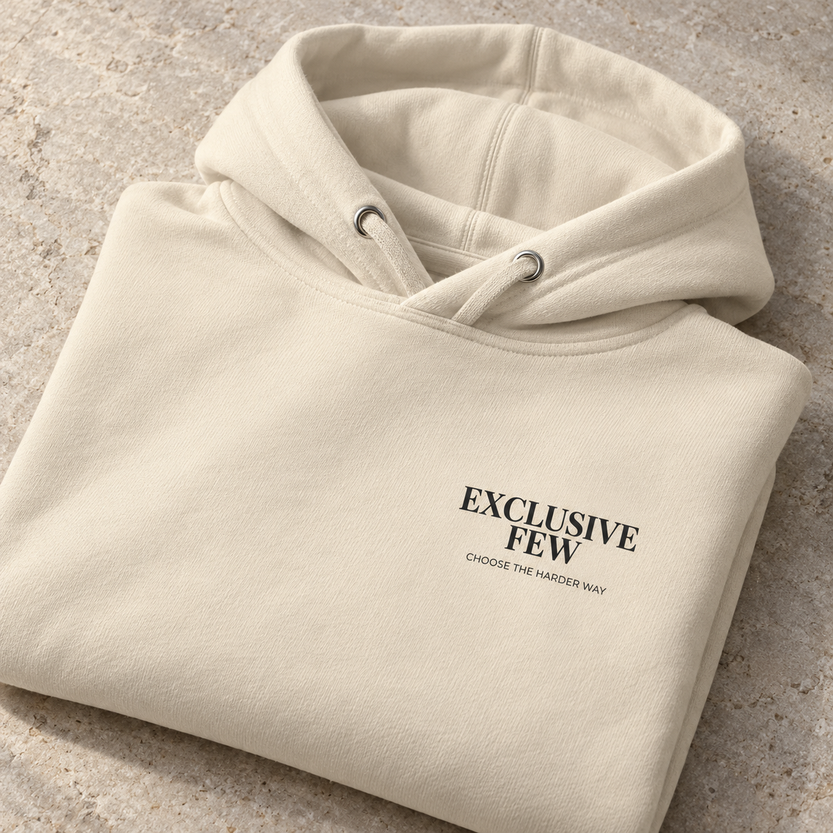 Folded bone hoodie with The Exclusive Few chest design