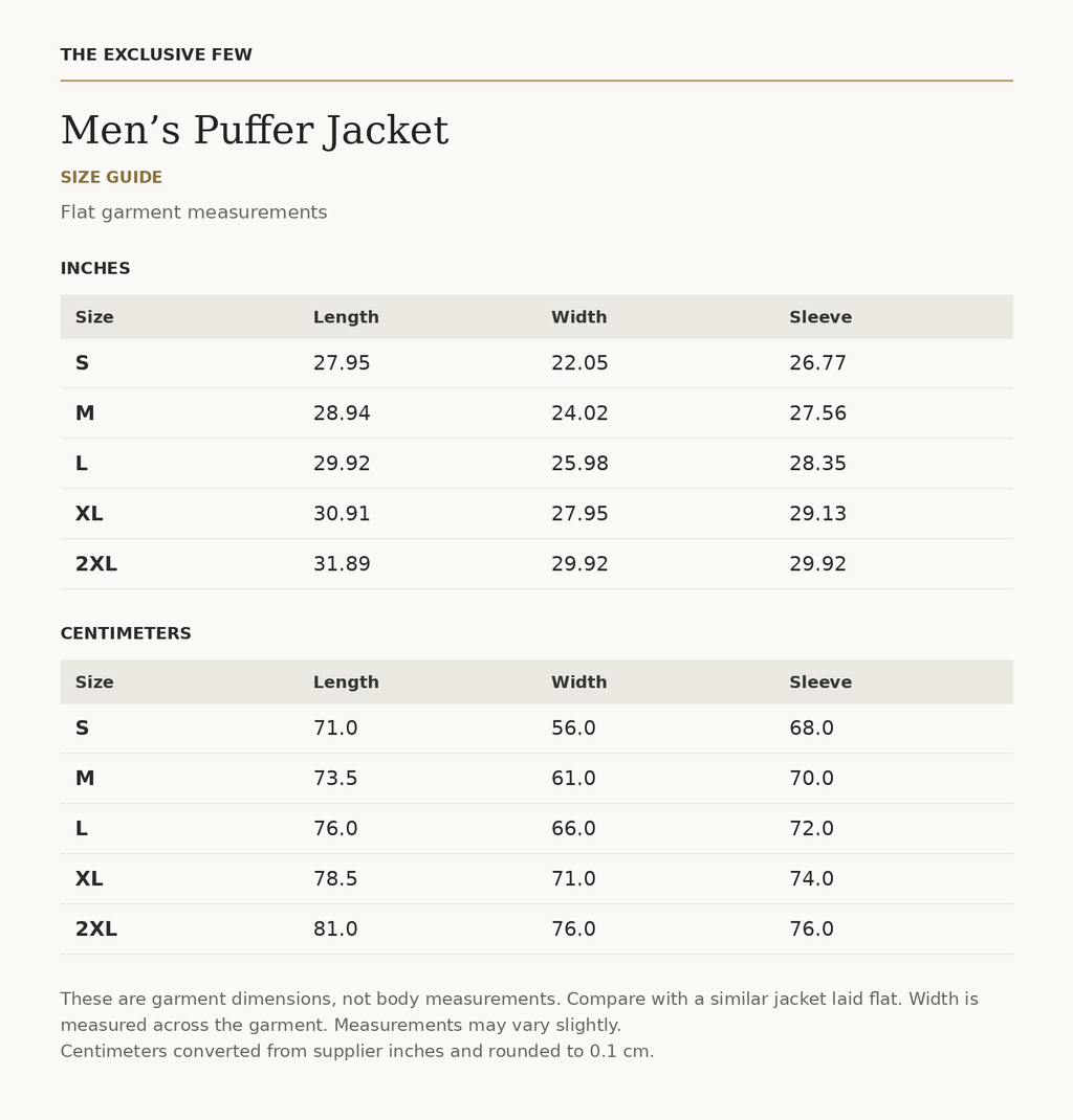 Men’s Puffer Jacket size chart — inches and centimeters