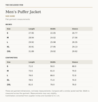 Men’s Puffer Jacket size chart — inches and centimeters