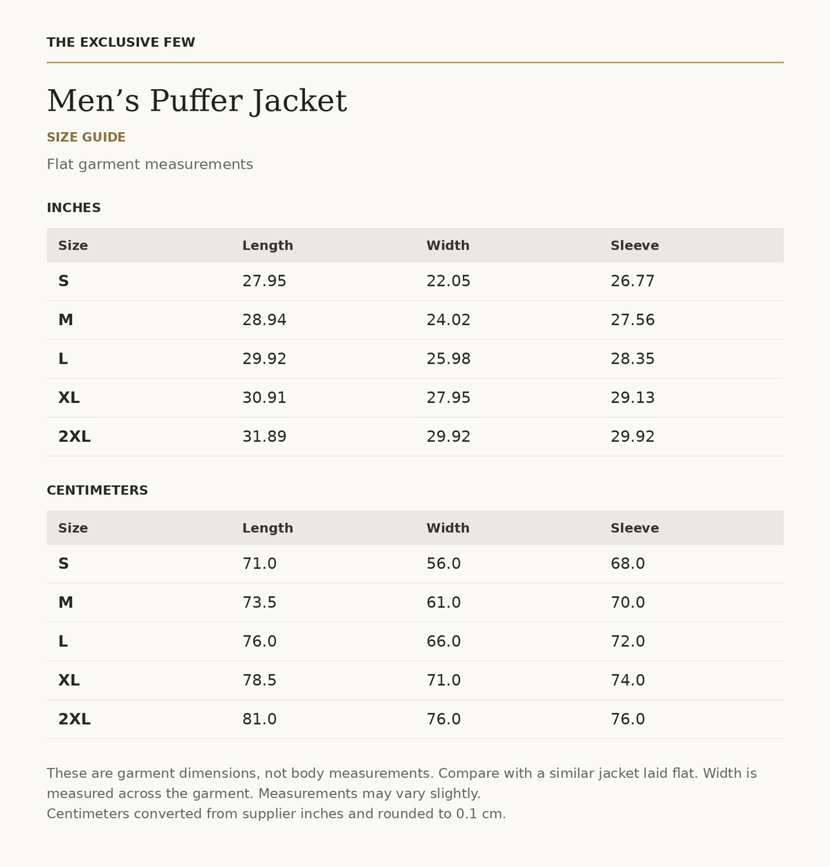 Men’s Puffer Jacket size chart — inches and centimeters