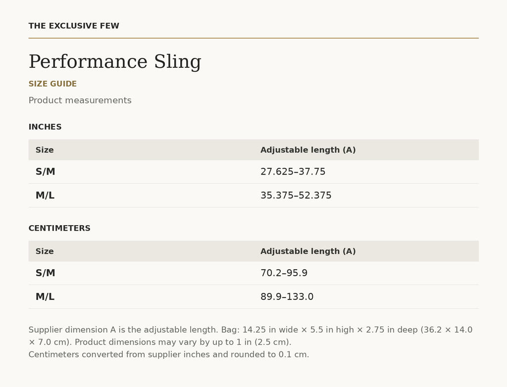 Performance Sling size guide — measurements in inches and centimeters