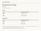 Performance Sling size guide — measurements in inches and centimeters