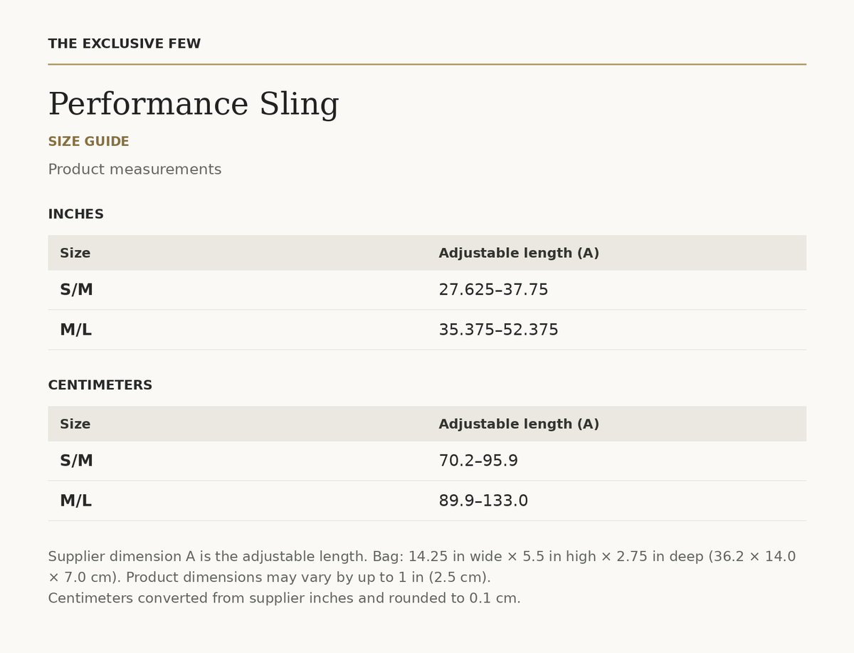 Performance Sling size guide — measurements in inches and centimeters