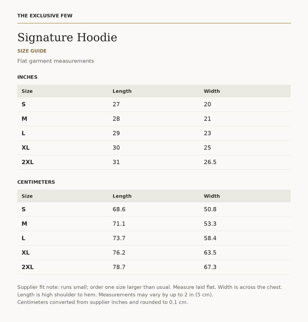 Signature Hoodie size guide — measurements in inches and centimeters