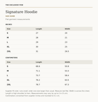 Signature Hoodie size guide — measurements in inches and centimeters