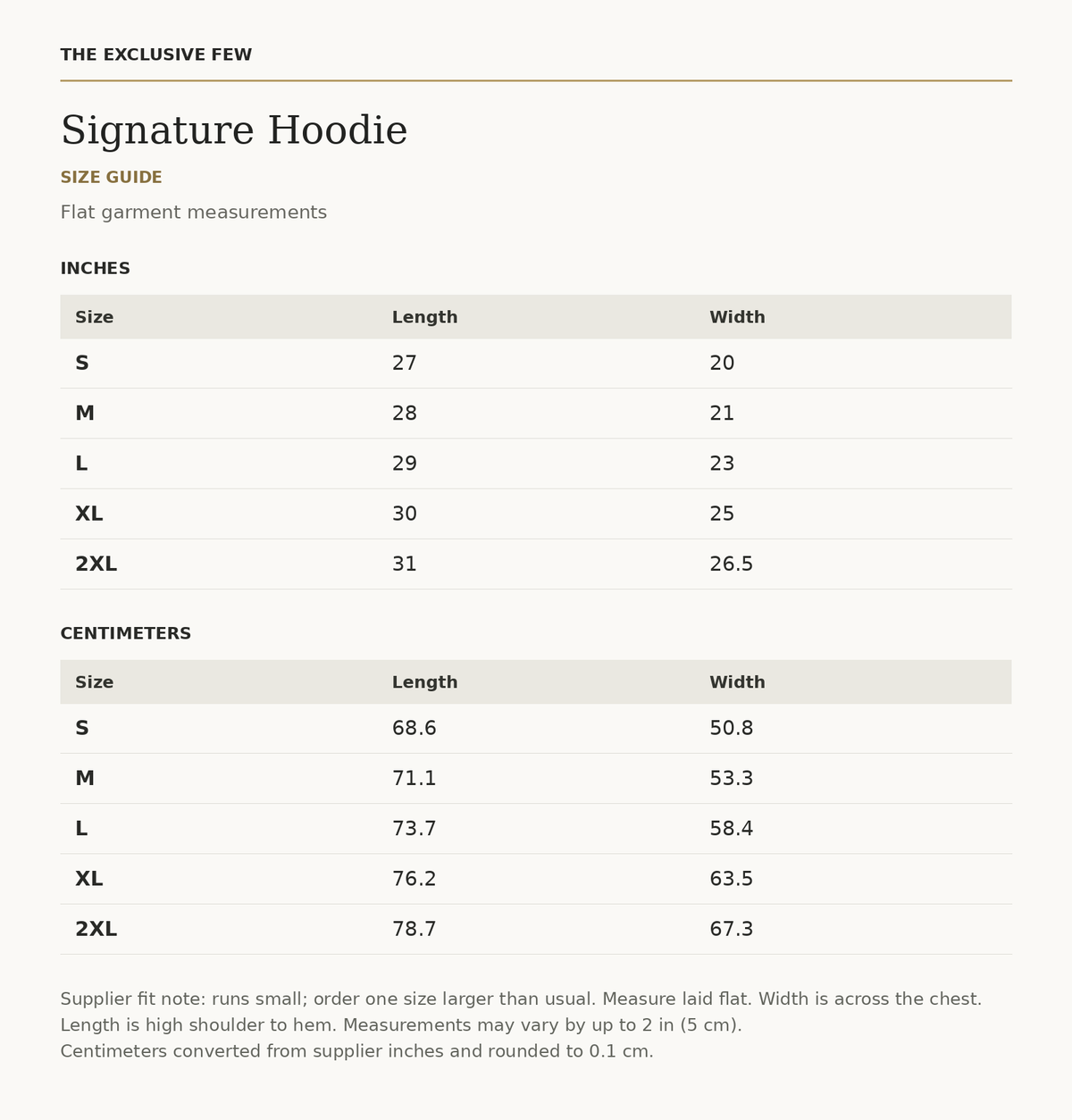 Signature Hoodie size guide — measurements in inches and centimeters