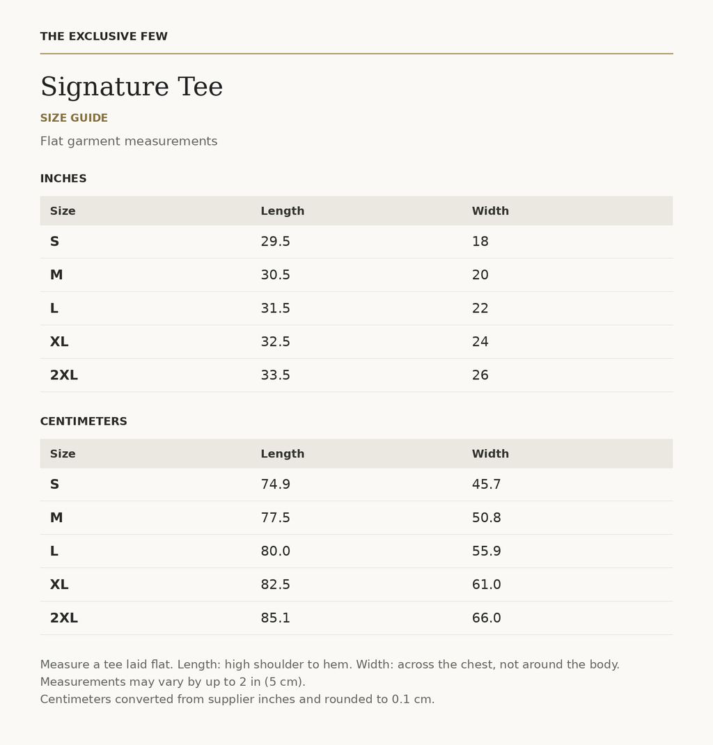 Signature Tee size guide — measurements in inches and centimeters