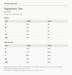 Signature Tee size guide — measurements in inches and centimeters