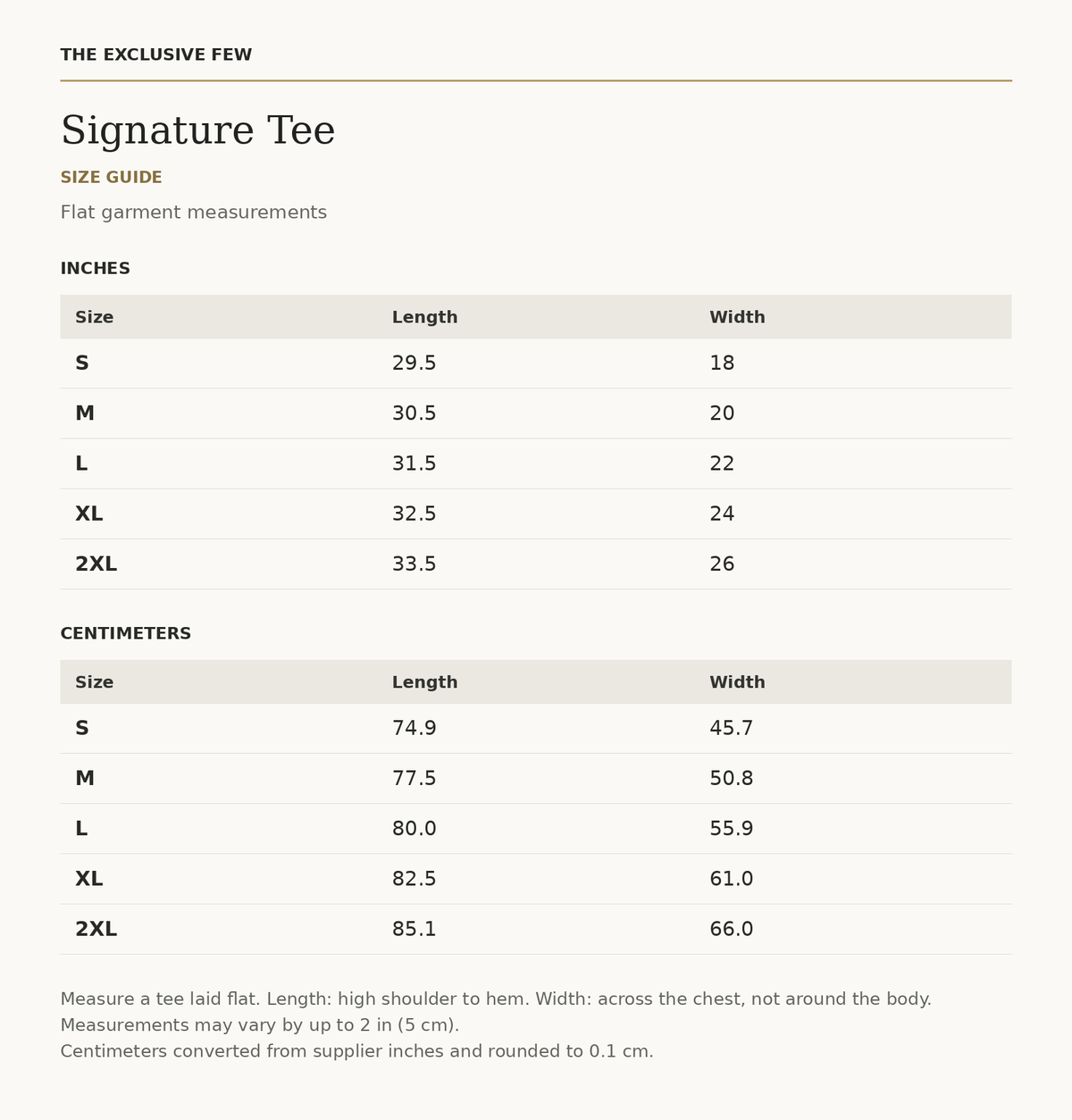 Signature Tee size guide — measurements in inches and centimeters