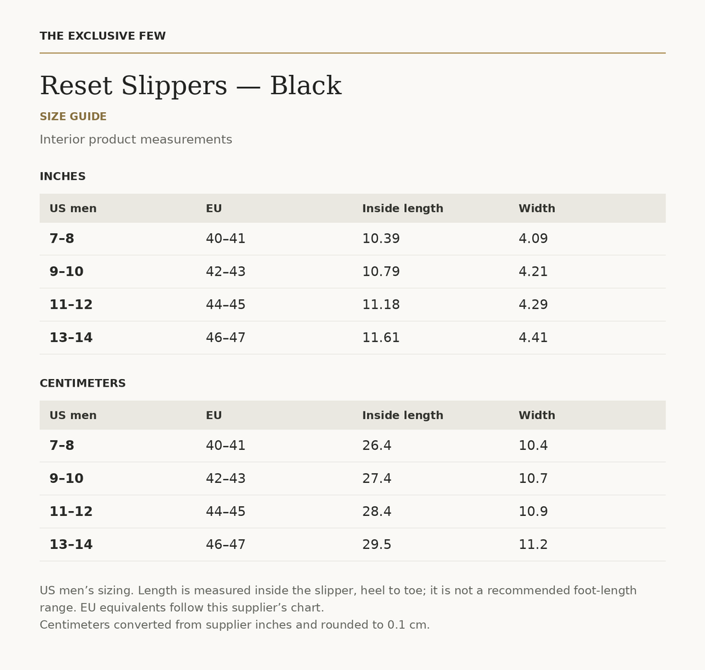 Reset Slippers — Black size chart — inches and centimeters