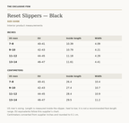 Reset Slippers — Black size chart — inches and centimeters