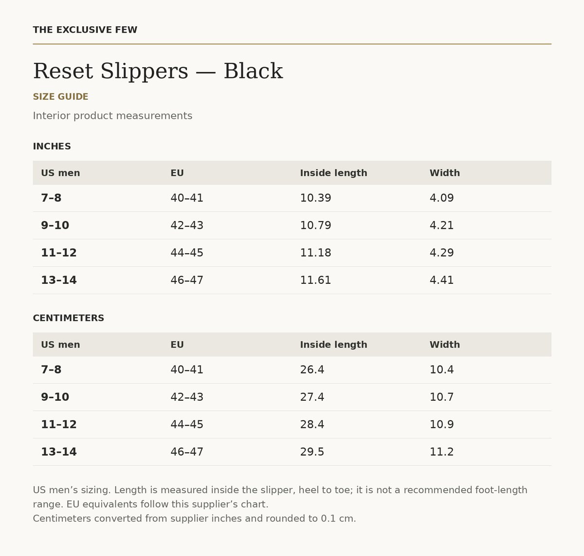 Reset Slippers — Black size chart — inches and centimeters