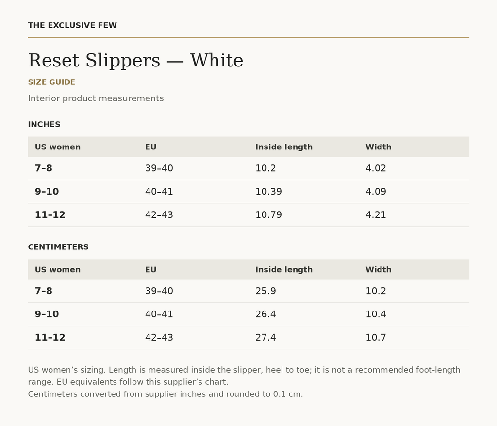 Reset Slippers — White size chart — inches and centimeters