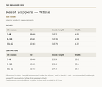 Reset Slippers — White size chart — inches and centimeters