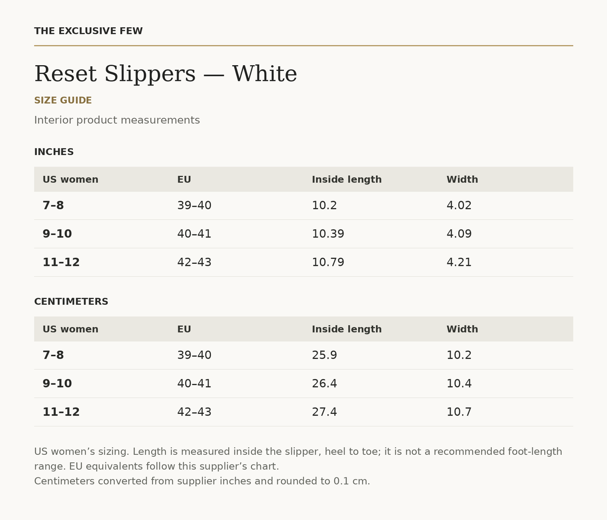 Reset Slippers — White size chart — inches and centimeters