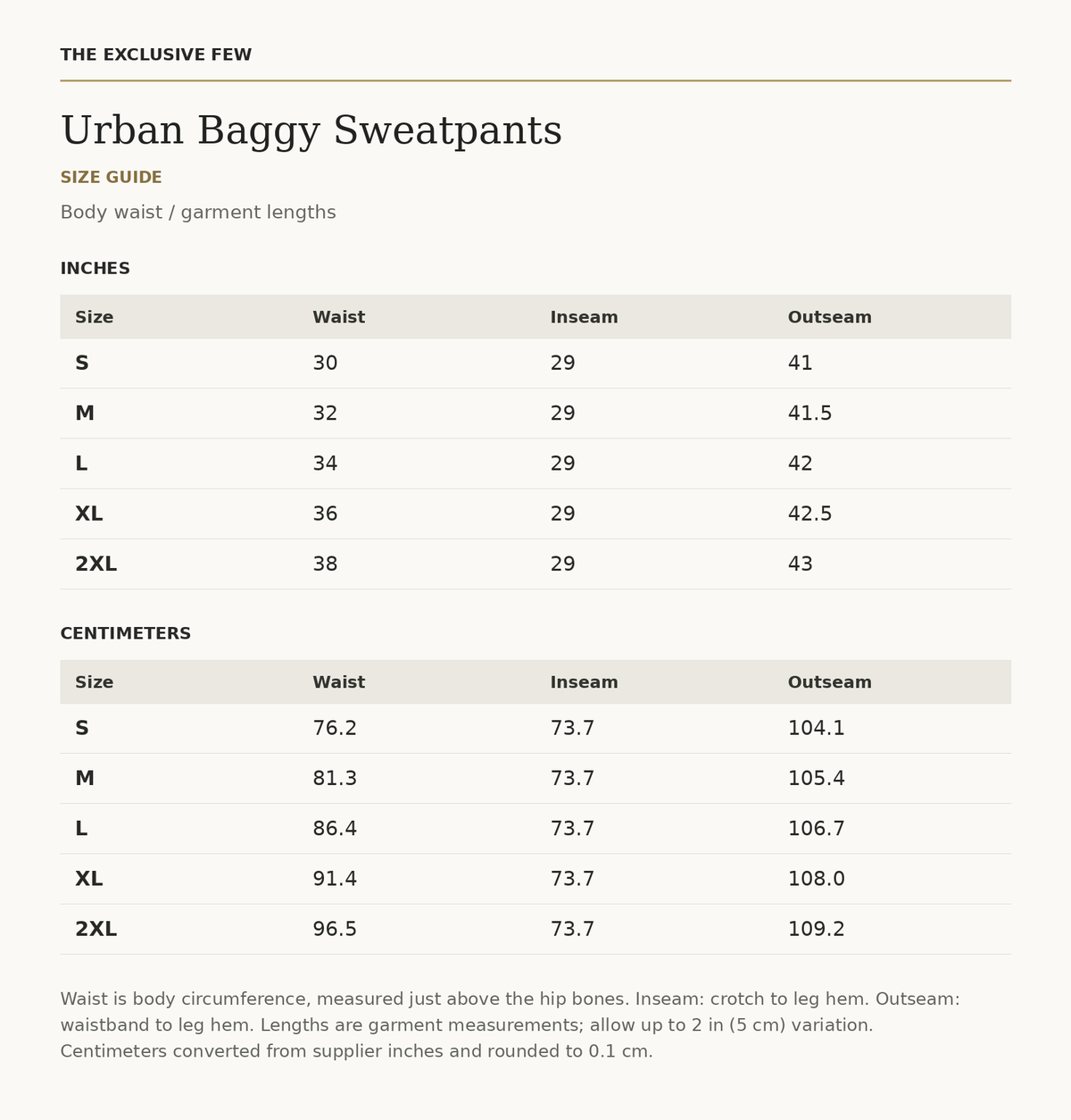 Urban Baggy Sweatpants size guide — measurements in inches and centimeters
