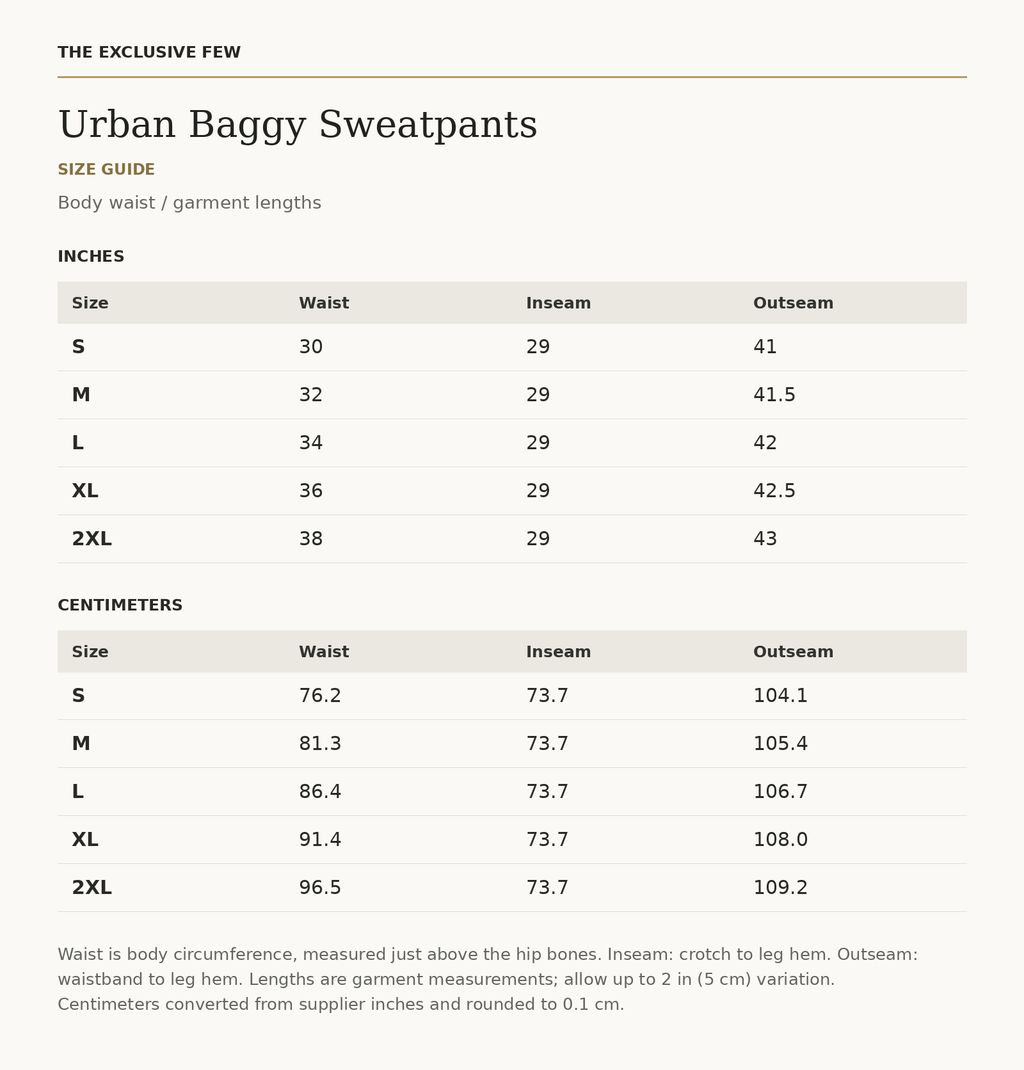 Urban Baggy Sweatpants size guide — measurements in inches and centimeters