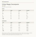 Urban Baggy Sweatpants size guide — measurements in inches and centimeters