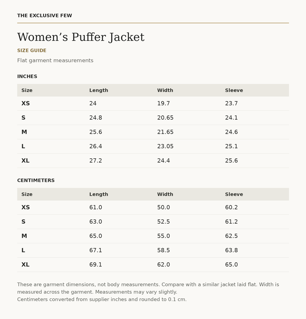 Women’s Puffer Jacket size chart — inches and centimeters