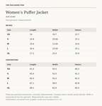 Women’s Puffer Jacket size chart — inches and centimeters