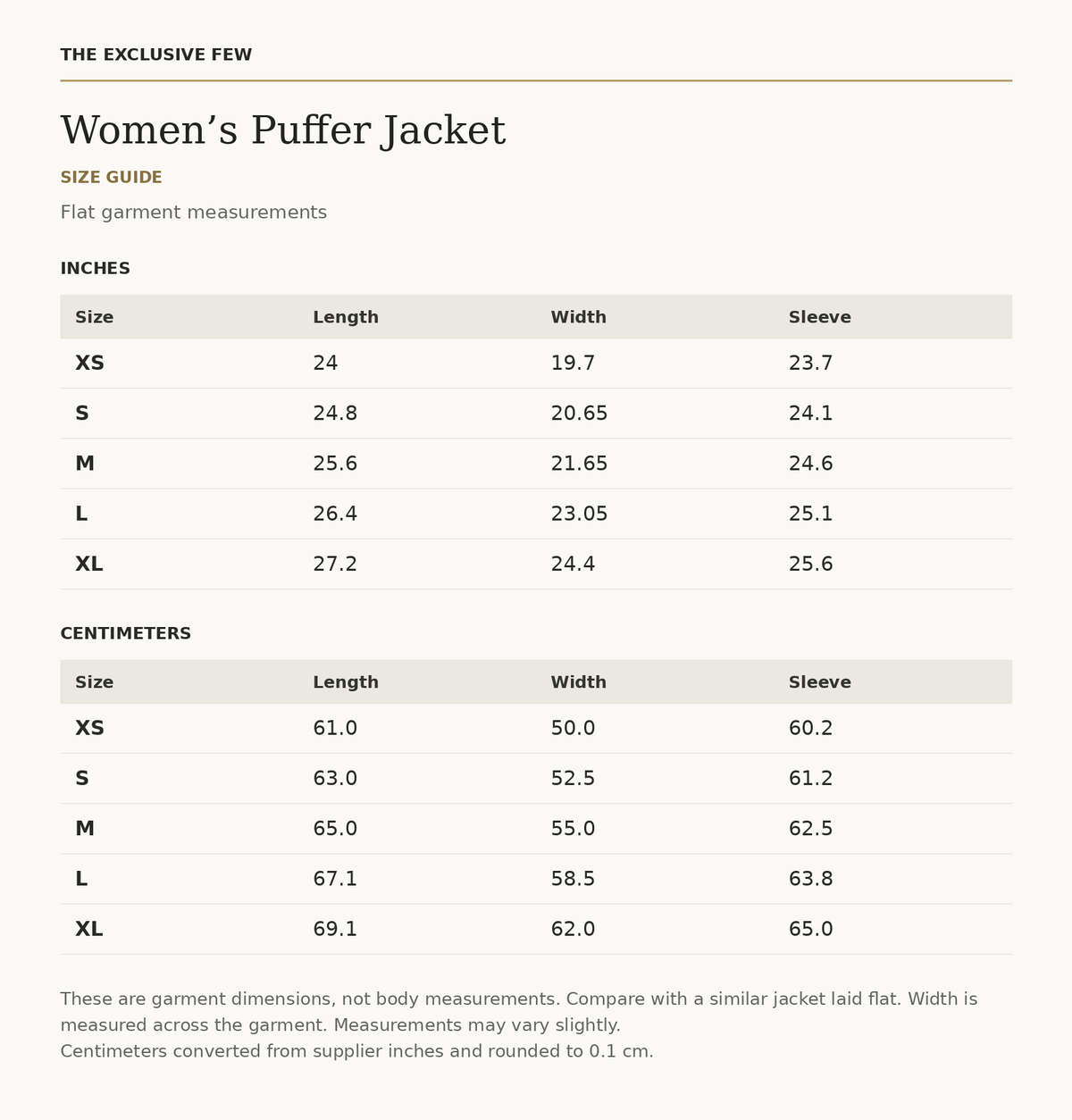 Women’s Puffer Jacket size chart — inches and centimeters