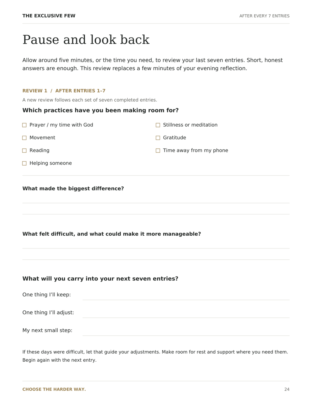 Weekly review page with practice checkboxes and short spaces to reflect and plan the next step